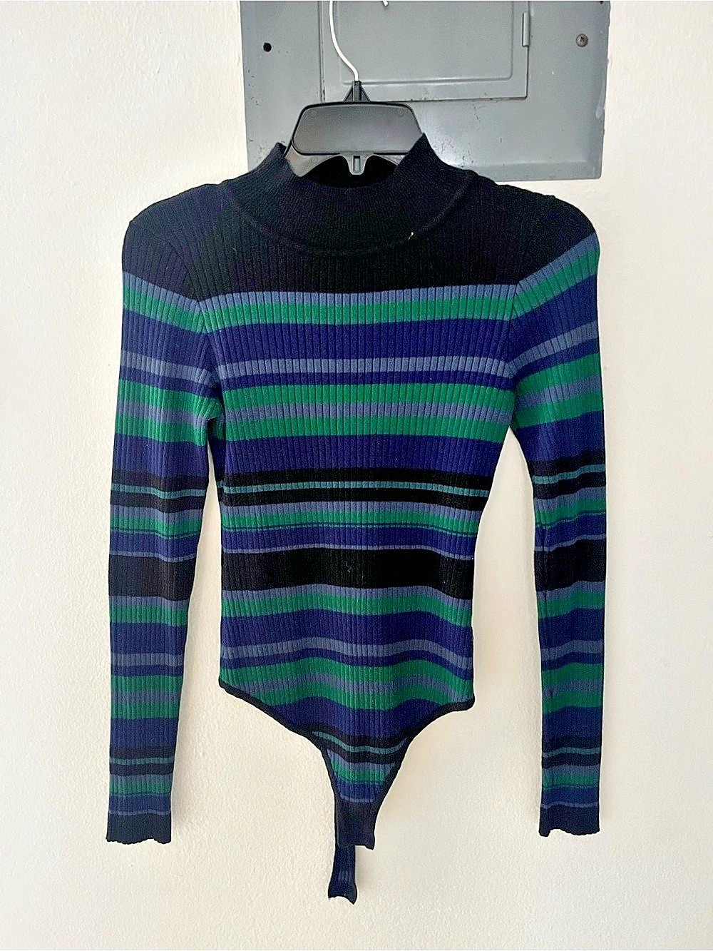 Fashion Nova Striped Turtleneck Bodysuit in Black & Green Medium